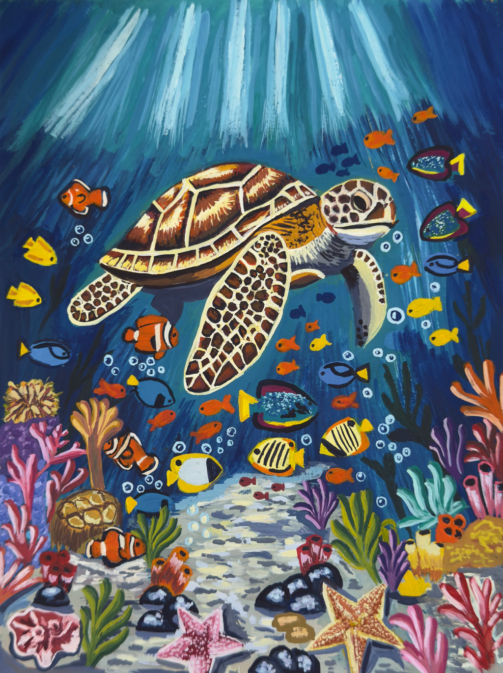 Sea Turtle & Marine Life Gouache Painting (Original - 6 in. x 8 in.)