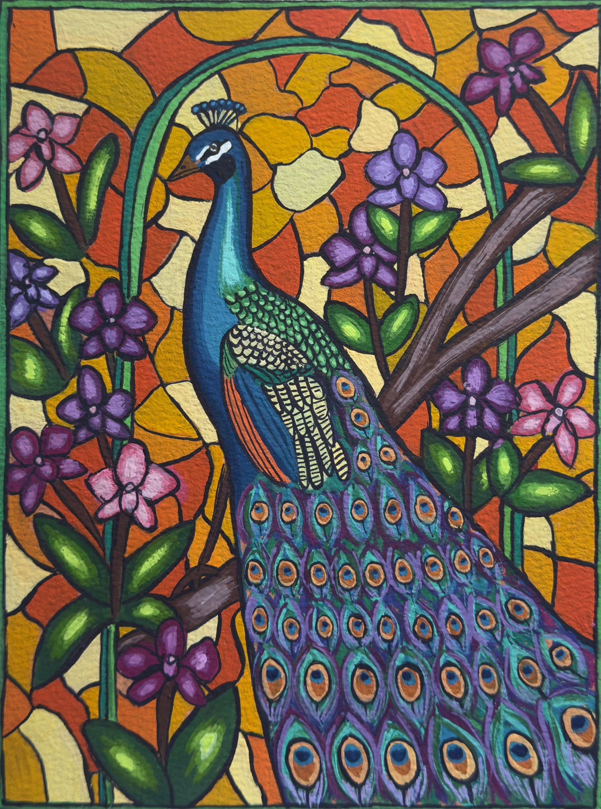Stained Glass Themed Peacock Gouache Painting (Original - 6 in. x 8 in.)
