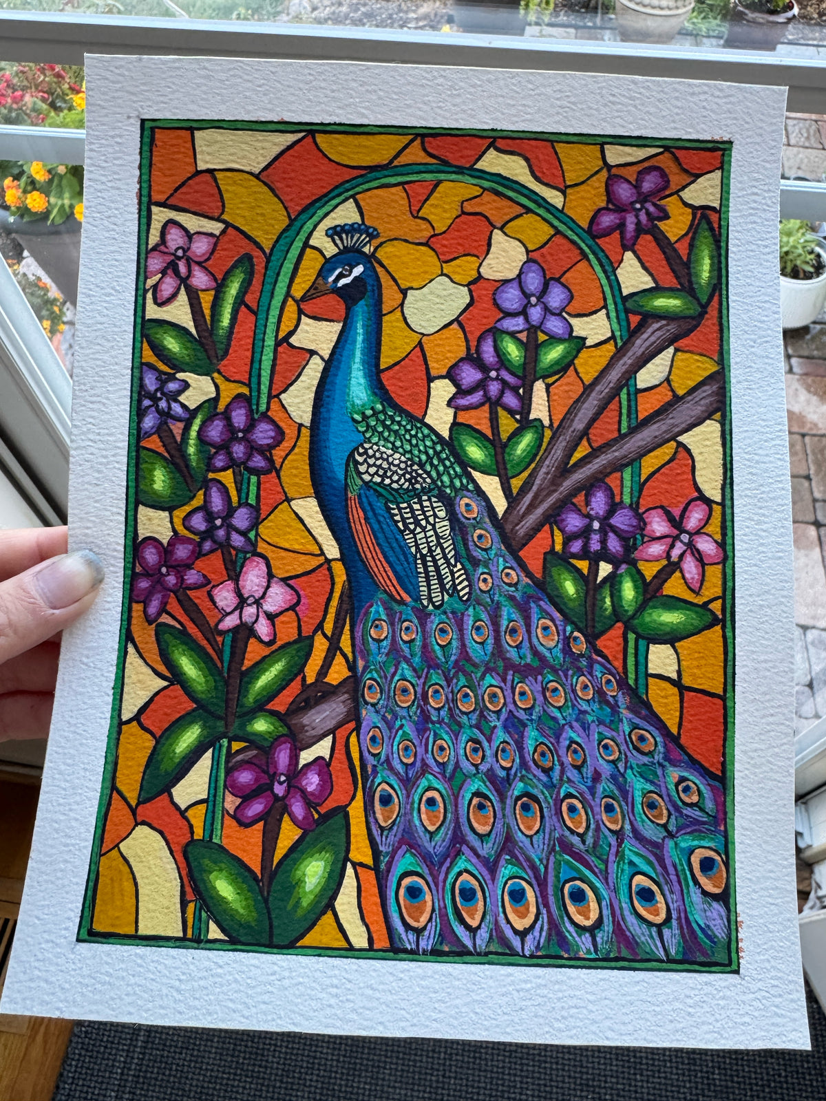 Stained Glass Themed Peacock Gouache Painting (Original - 6 in. x 8 in.)