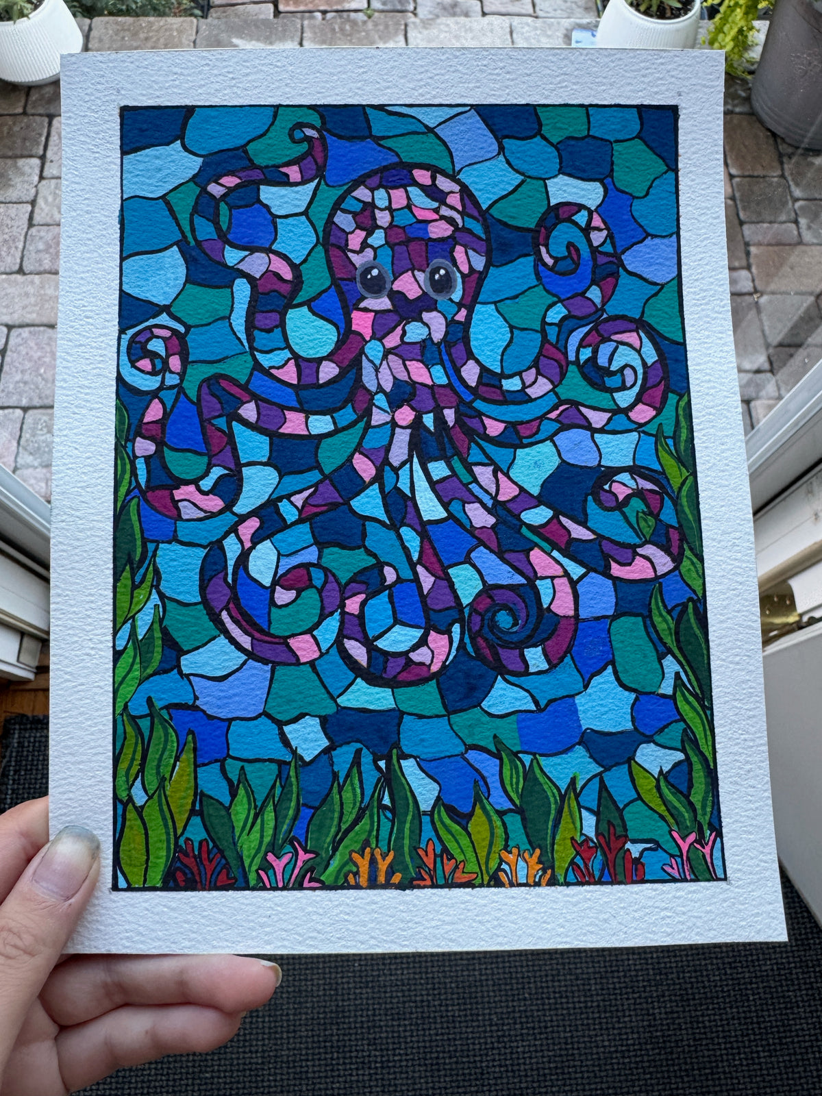 Stained Glass Themed Octopus Gouache Painting (Original - 6 in. x 8 in.)