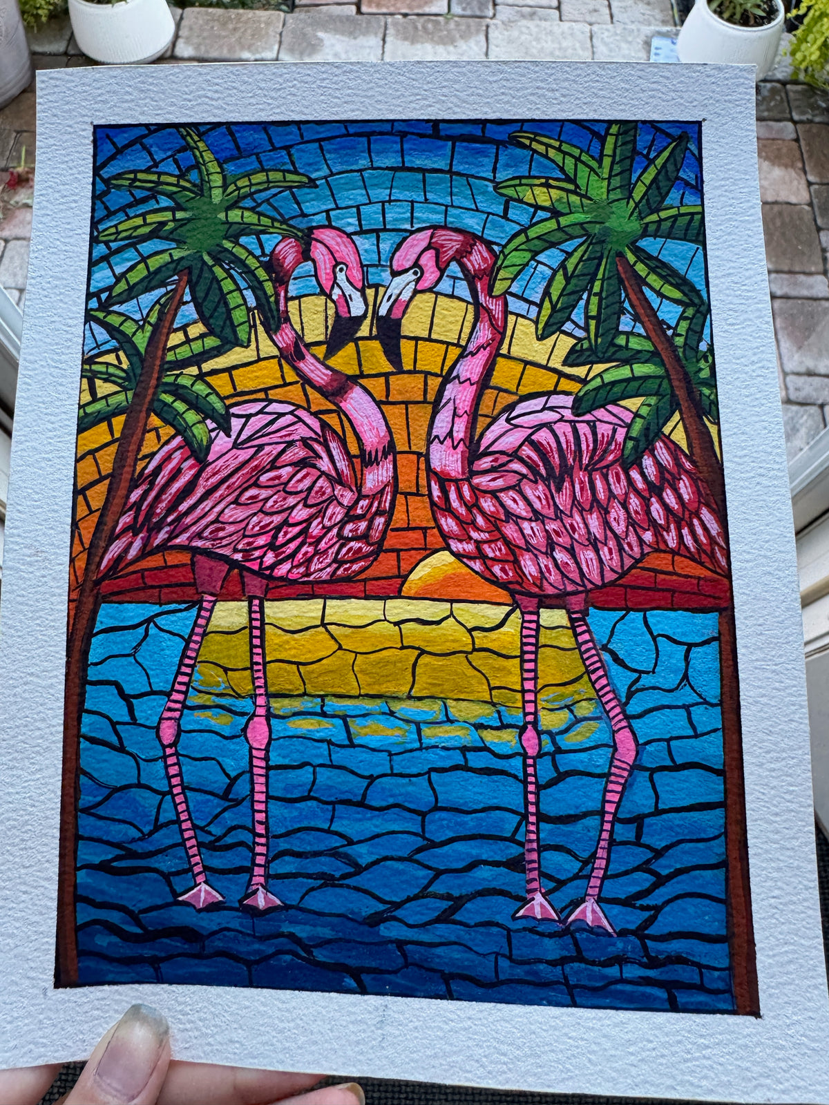 Mosaic Themed Flamingo Gouache Painting (Original - 6 in. x 8 in.)