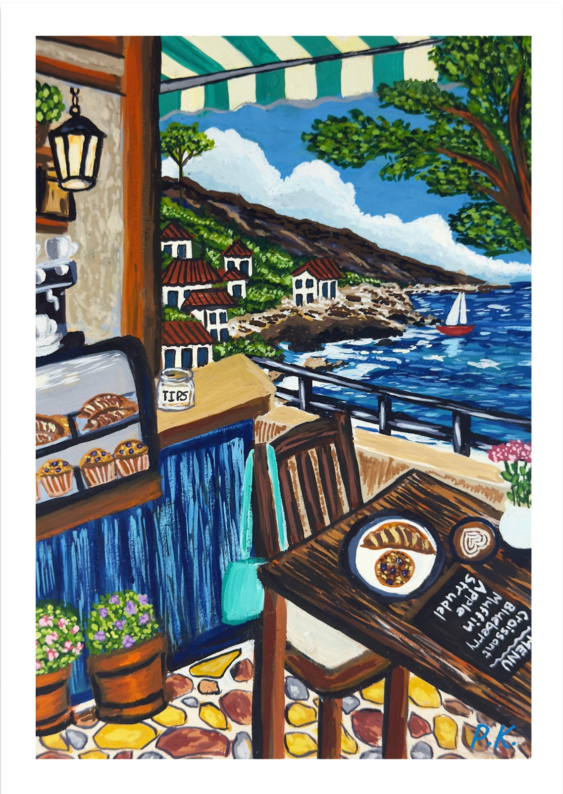 Seaside Cafe Gouache Painting (Original - 6 in. x 8 in.)