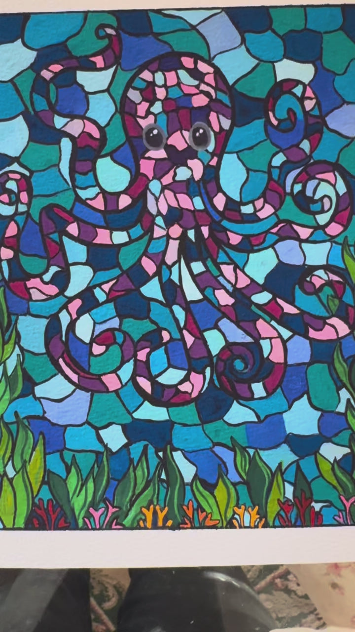 Stained Glass Themed Octopus Gouache Painting (Original - 6 in. x 8 in.)
