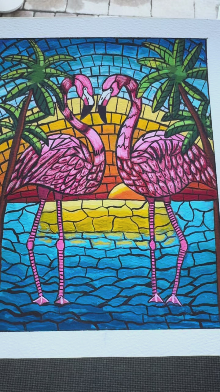 Mosaic Themed Flamingo Gouache Painting (Original - 6 in. x 8 in.)