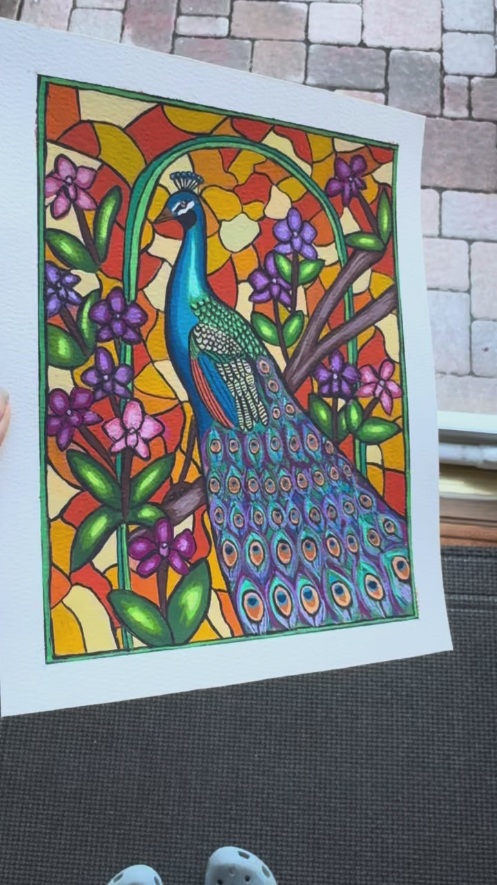 Stained Glass Themed Peacock Gouache Painting (Original - 6 in. x 8 in.)