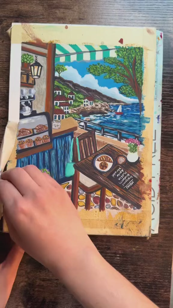 Seaside Cafe Gouache Painting (Original - 6 in. x 8 in.)