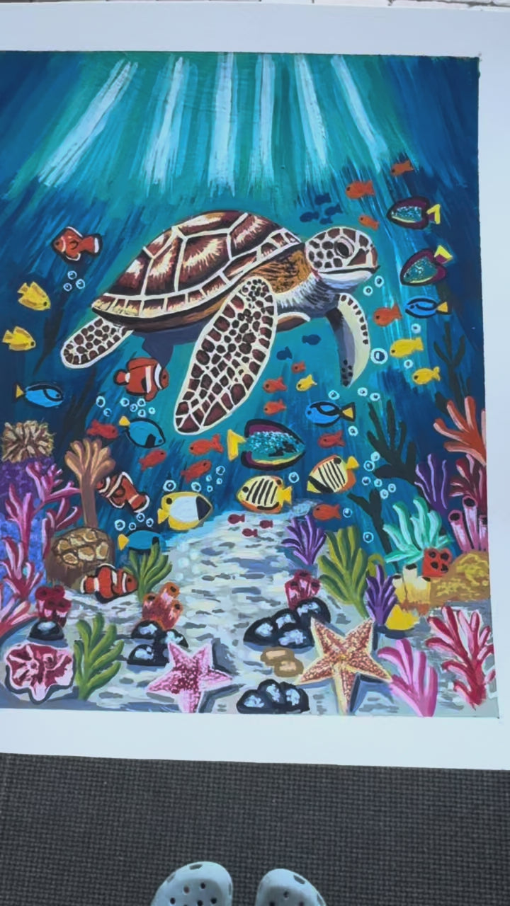 Sea Turtle & Marine Life Gouache Painting (Original - 6 in. x 8 in.)